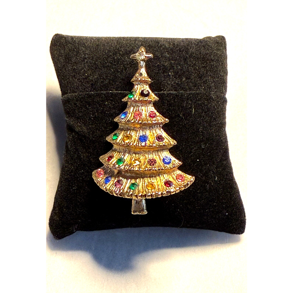 Vintage Gold Tone Christmas Tree Pin Multicolor Rhinestone Retro Brooch
